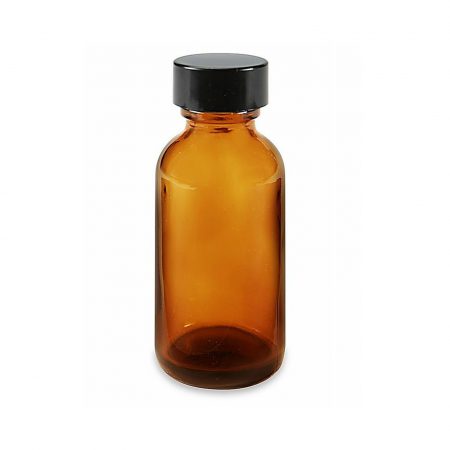 Boston Round, Amber Glass w/ black plastic cap 1 oz