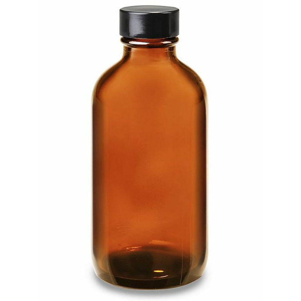 Boston Round, Amber Glass w/ black plastic cap 4 oz