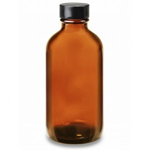 Boston Round, Amber Glass w/ black plastic cap 4 oz