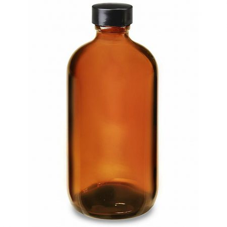 Boston Round, Amber Glass w/ black plastic cap 8 oz