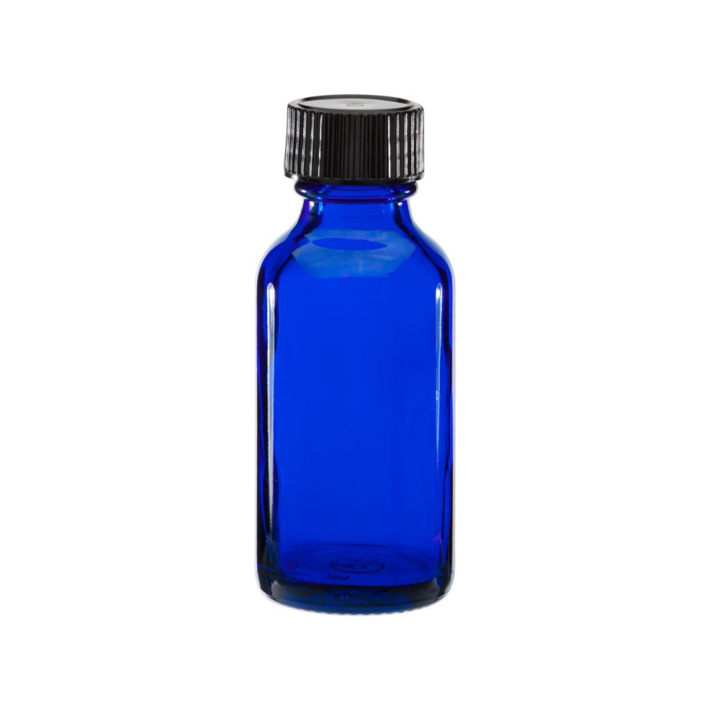 Blue Cobalt Bottle w/ black plastic cap 1 oz